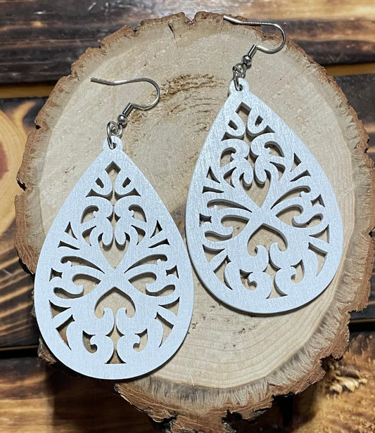 NEW Ornate Hollow White Wooden Teardrop Earrings