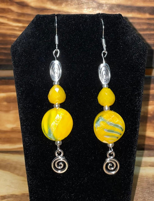 NEW Yellow Bead & Silver Tone Art Deco Drop Dangle Earrings