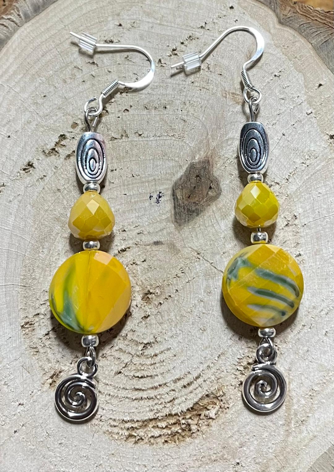 NEW Yellow Bead & Silver Tone Art Deco Drop Dangle Earrings