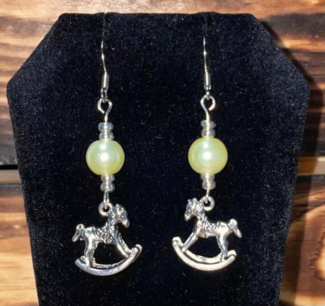 NEW Silver Tone Nursery Rocking Horse & Yellow Bead Earrings