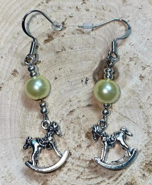 NEW Silver Tone Nursery Rocking Horse & Yellow Bead Earrings