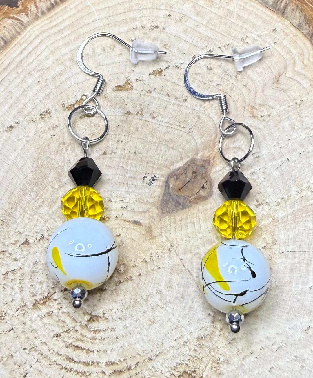 NEW Black & Yellow Splatter Bead Earrings w/ Faceted Yellow Glass Beads