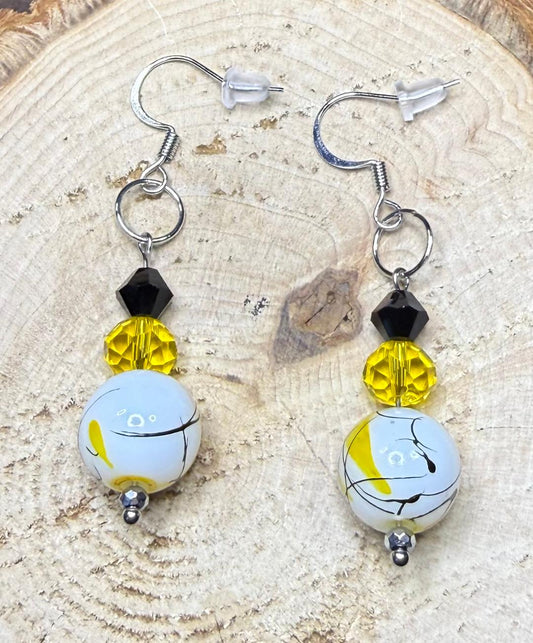 NEW Black & Yellow Splatter Bead Earrings w/ Faceted Yellow Glass Beads