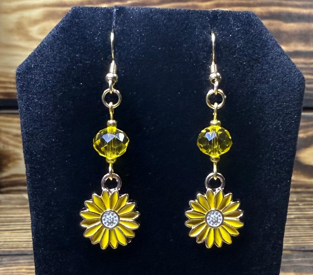 NEW Yellow Daisy Flower Earrings w/ Yellow Faceted Glass Beads