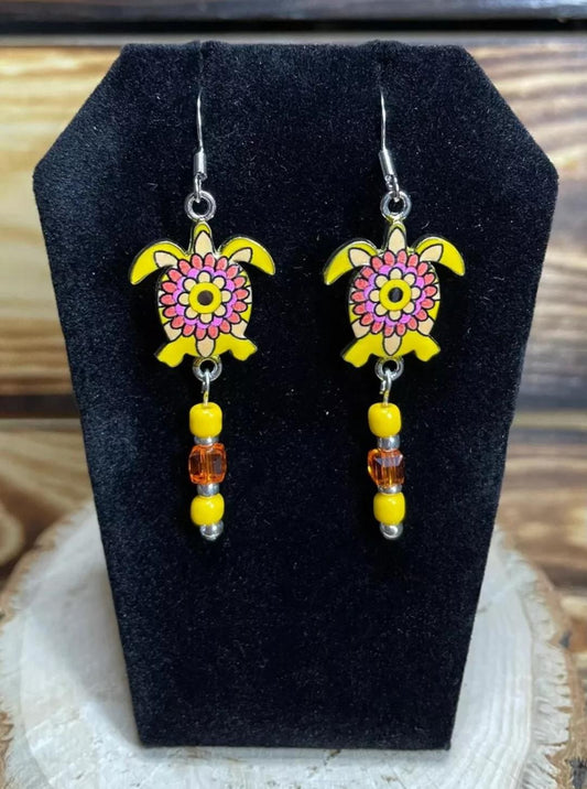 NEW Handmade Boho Hippie Yellow Enamel Sea Turtle Charm & Beaded Earrings