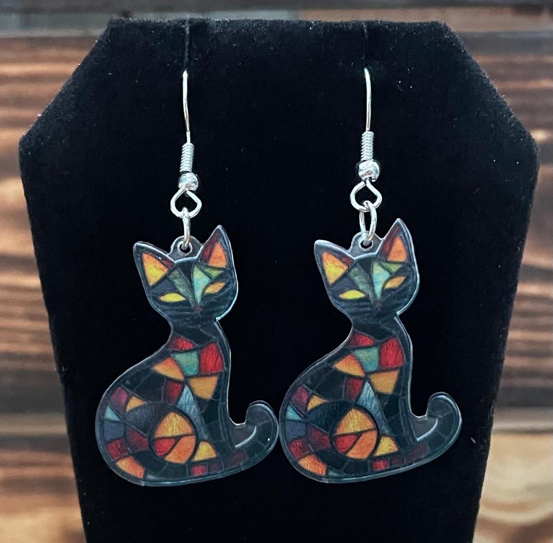 NEW Black Mosaic Stained Glass Style Yellow Eye Acrylic Cat Earrings