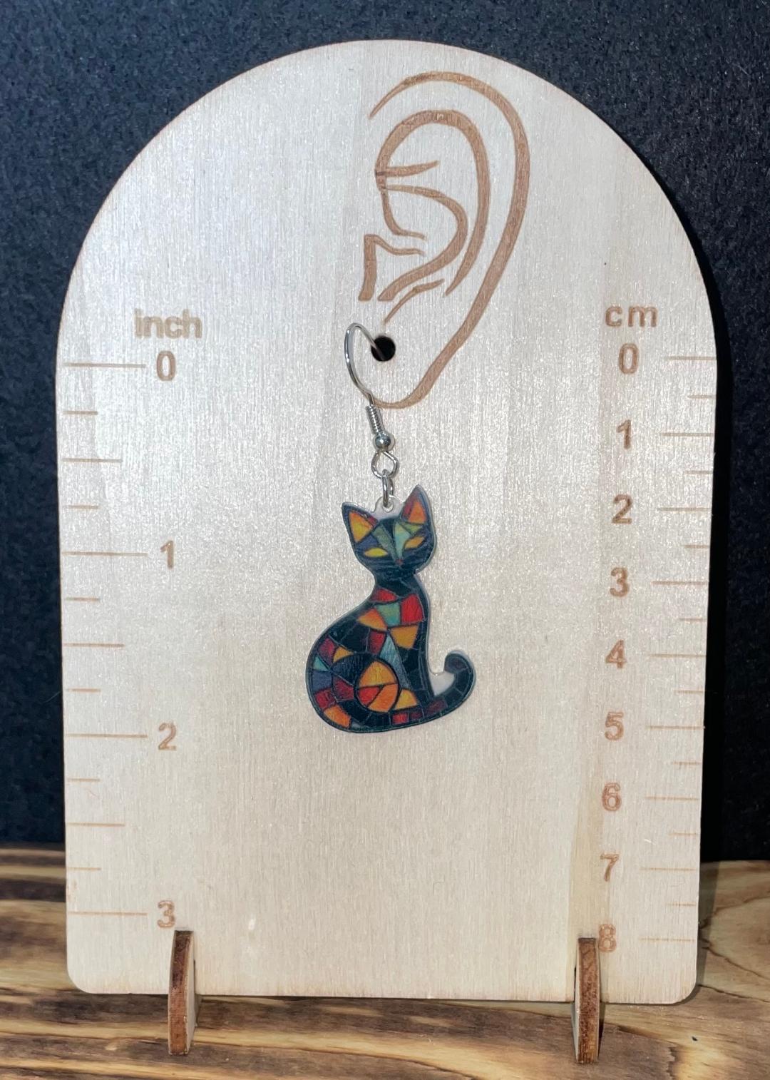 NEW Black Mosaic Stained Glass Style Yellow Eye Acrylic Cat Earrings