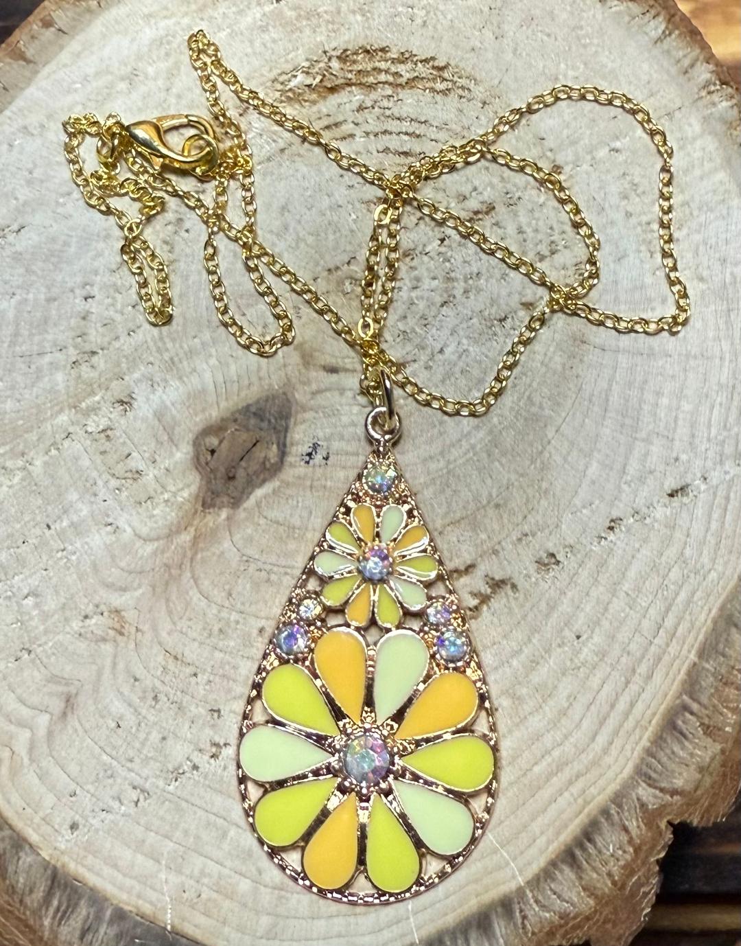 NEW Dramatic Large Yellow Floral Enamel & Rhinestone Teardrop Necklace - 15.75"