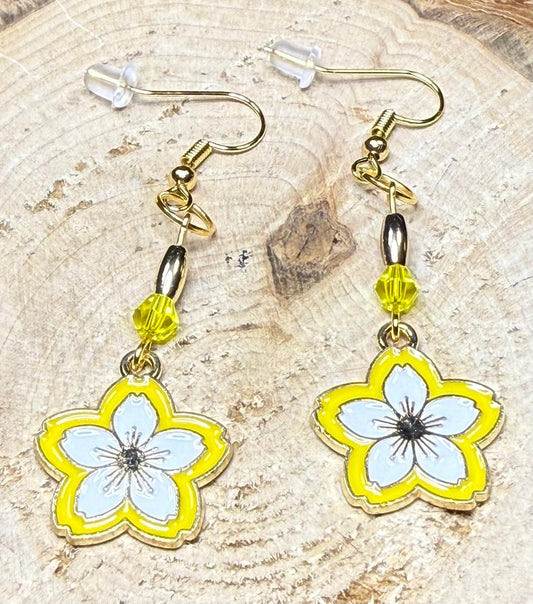 NEW Yellow Magnolia Flower Charm Earrings w/ Yellow Glass Beads