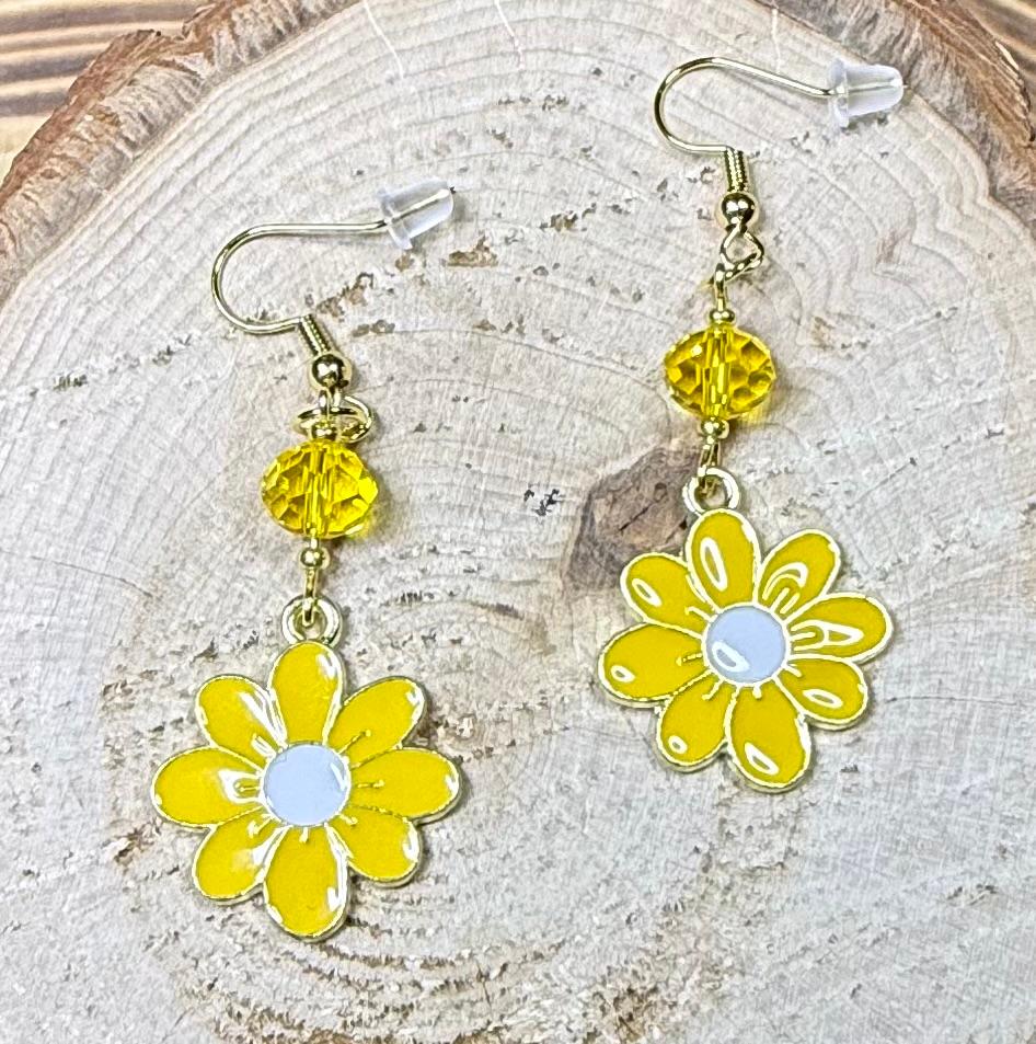 NEW Yellow Enamel Flower Earrings w/ Bright Yellow Glass Beads