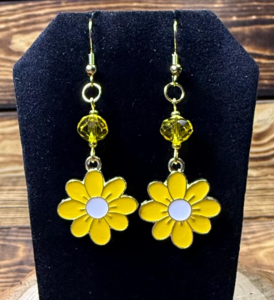 NEW Yellow Enamel Flower Earrings w/ Bright Yellow Glass Beads