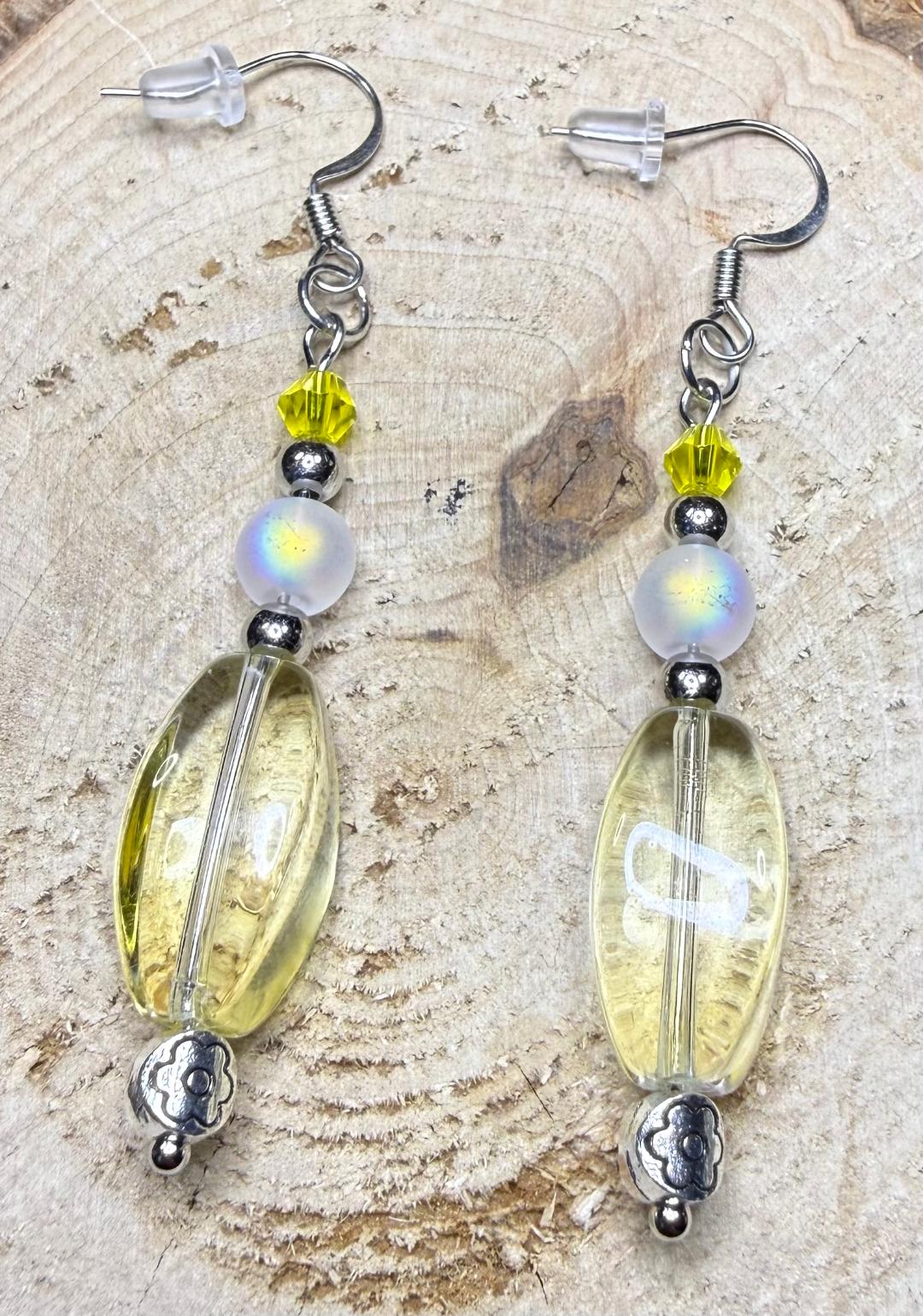 NEW Yellow Clear Glass Oval Bead Earrings w/ Opaque Glass Beads