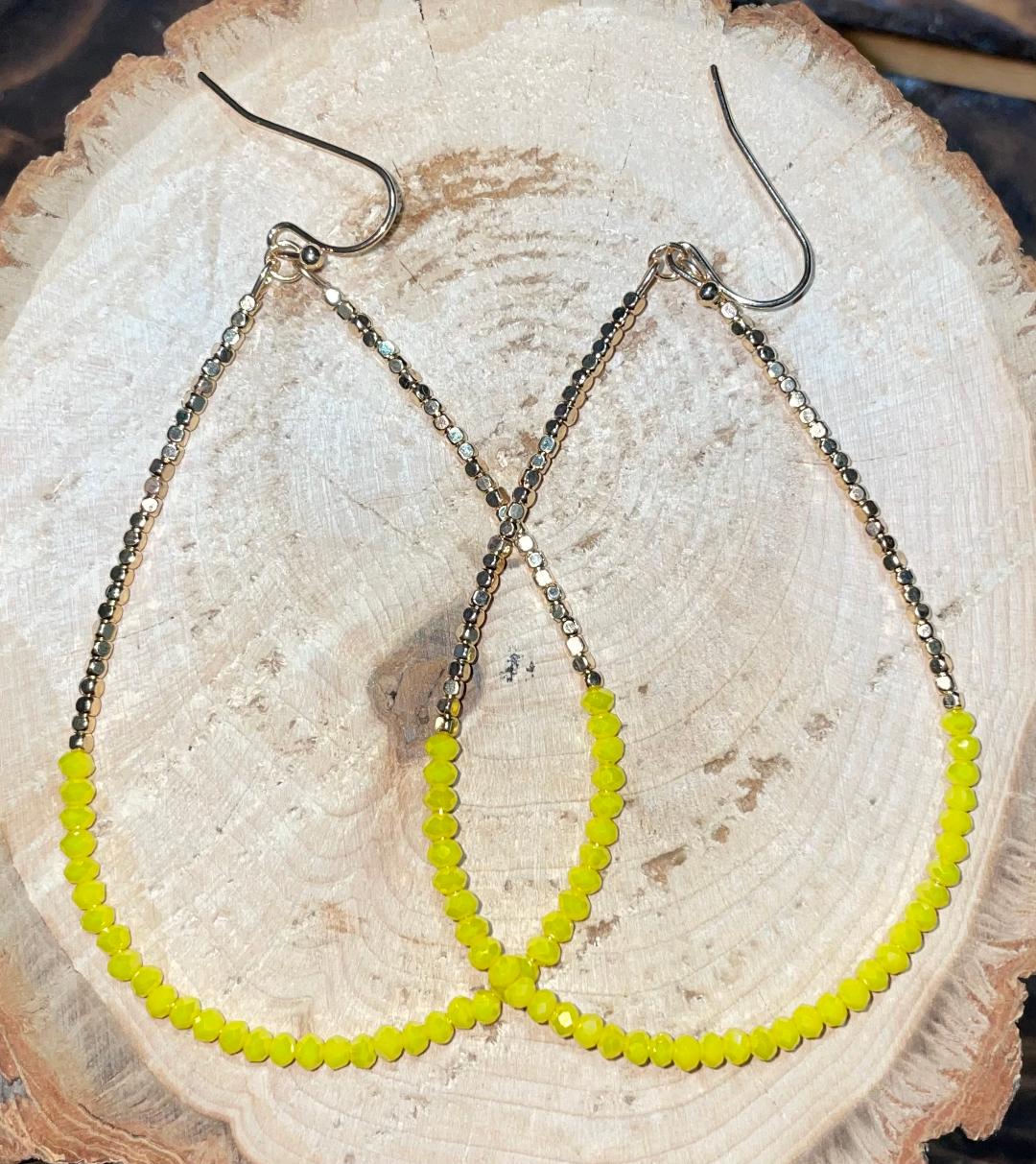 NEW Extra Long Beaded Yellow & Gold Teardrop Hoop Earrings