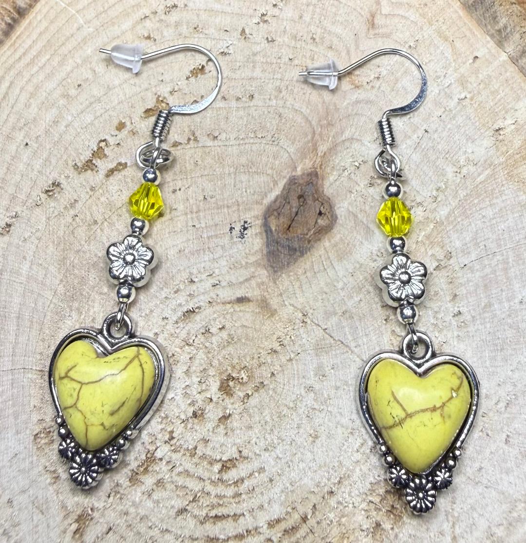 NEW Yellow Heart Charm Earrings w/ Flower & Glass Beads