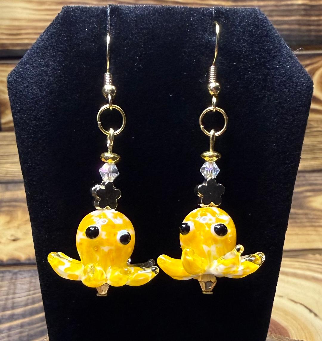 NEW Lampwork Marbled Glass Yellow Octopus Earrings w/ Glass Beads