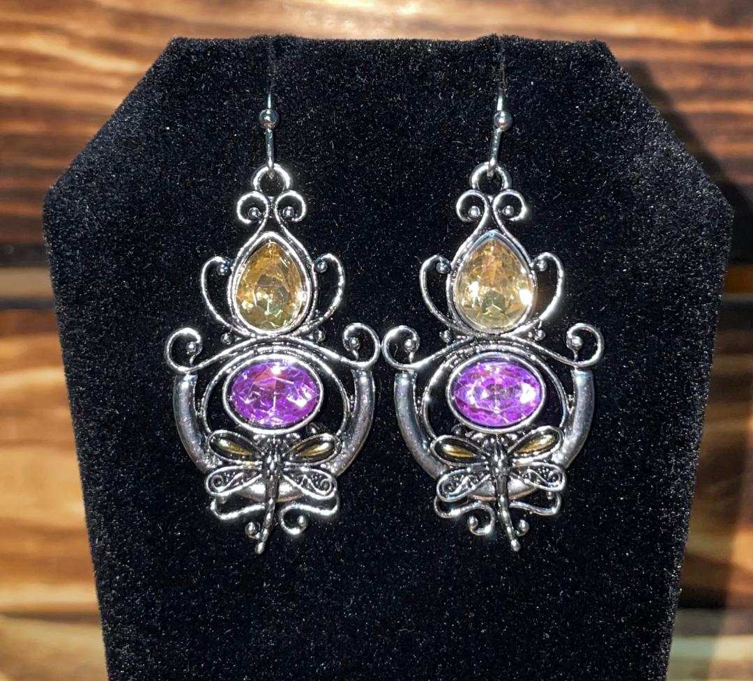 NEW Filigree Vintage Inspired Yellow & Pink Rhinestone Drop Dangle Earrings