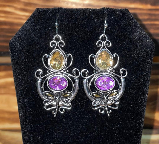 NEW Filigree Vintage Inspired Yellow & Pink Rhinestone Drop Dangle Earrings
