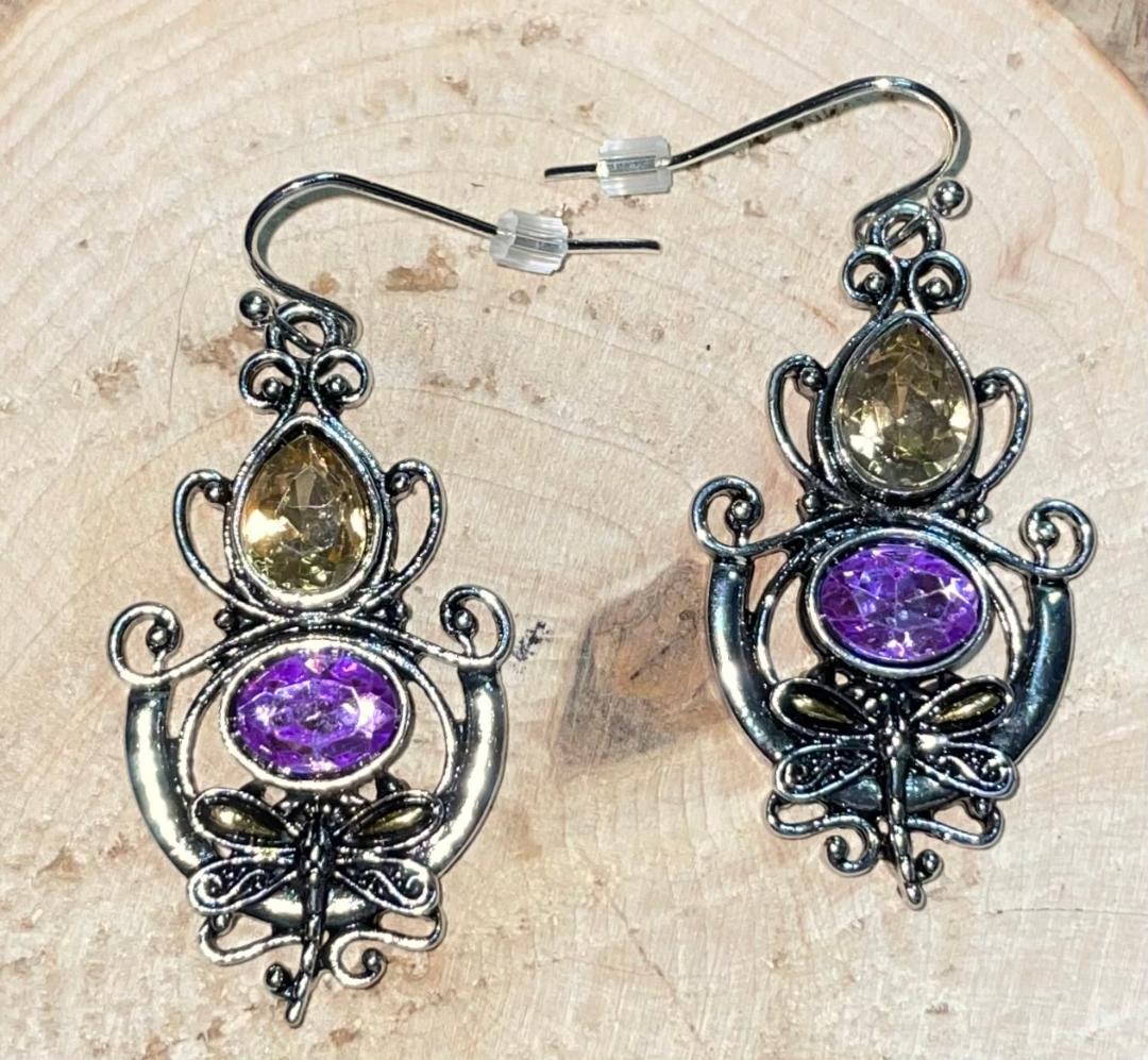 NEW Filigree Vintage Inspired Yellow & Pink Rhinestone Drop Dangle Earrings