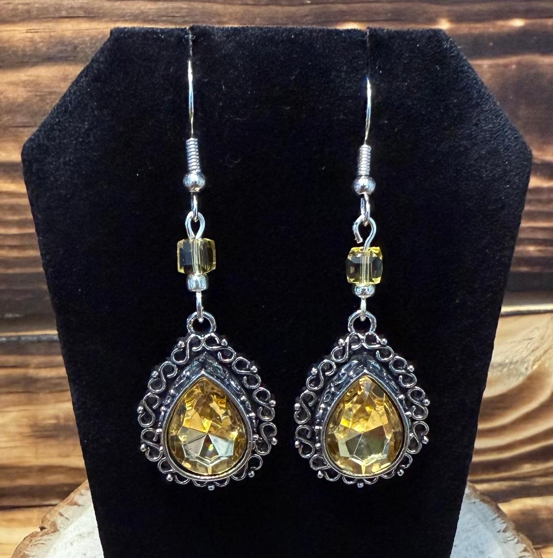 NEW Filigree Yellow Rhinestone & Glass Bead Earrings