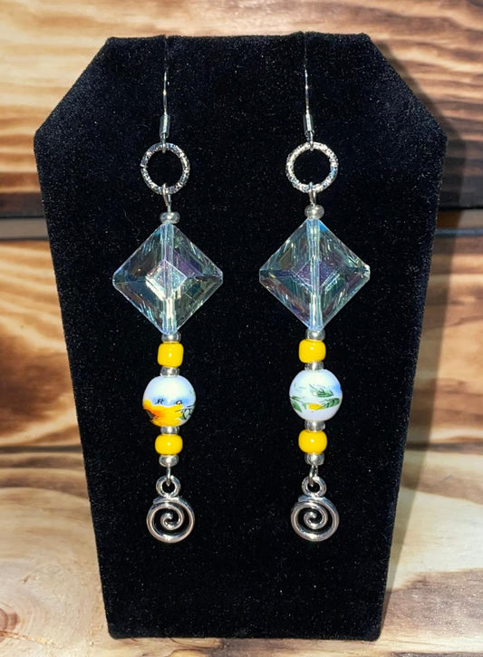 NEW Long Beaded Silvertone Earrings w/ Floral Yellow & Clear Beads - Dangle Drop