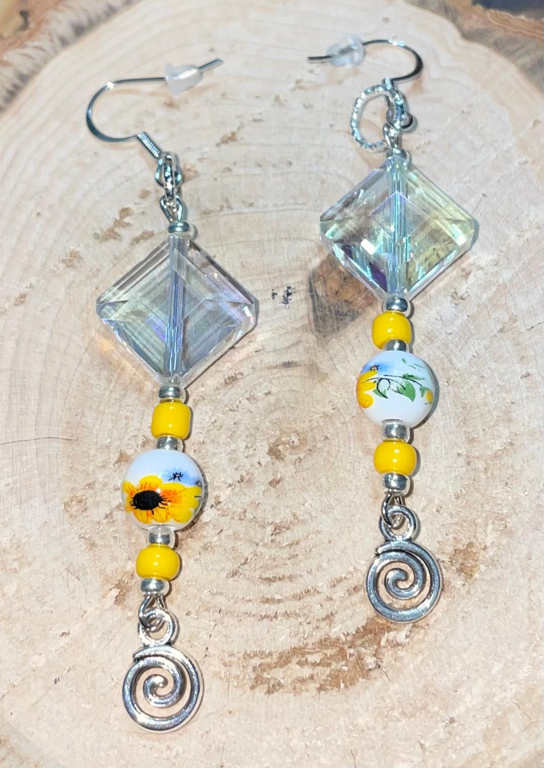 NEW Long Beaded Silvertone Earrings w/ Floral Yellow & Clear Beads - Dangle Drop