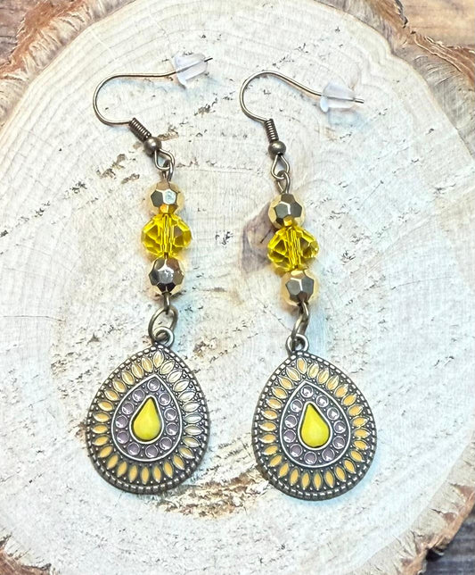 NEW Yellow Enamel & Bronze Teardrop Earrings w/ Yellow Glass Beads