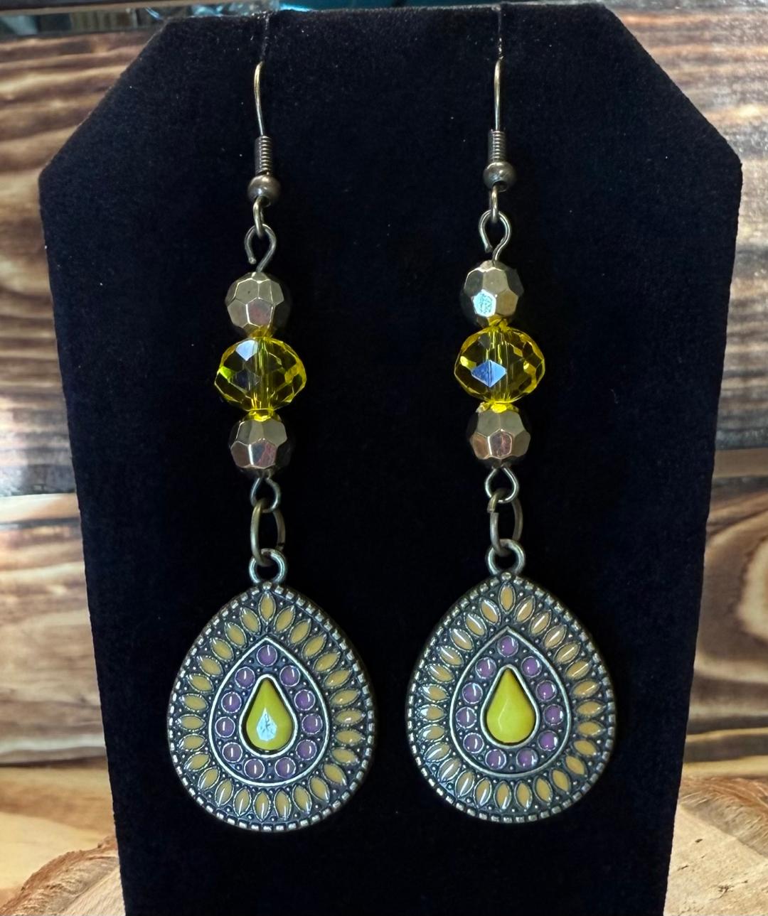 NEW Yellow Enamel & Bronze Teardrop Earrings w/ Yellow Glass Beads